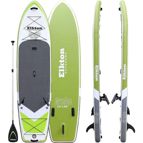  Elkton Outdoors Inflatable Fishing Paddle Board Grebe - 12 ft Fishing SUP Package, Fishing Rod Holders, Paddle, Leash, Carry Bag, Pump, Accessory Mounts and Non-Slip EVA Deck