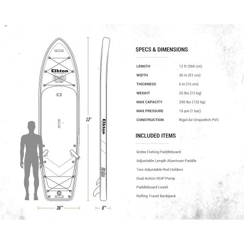  Elkton Outdoors Inflatable Fishing Paddle Board Grebe - 12 ft Fishing SUP Package, Fishing Rod Holders, Paddle, Leash, Carry Bag, Pump, Accessory Mounts and Non-Slip EVA Deck