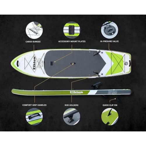  Elkton Outdoors Inflatable Fishing Paddle Board Grebe - 12 ft Fishing SUP Package, Fishing Rod Holders, Paddle, Leash, Carry Bag, Pump, Accessory Mounts and Non-Slip EVA Deck