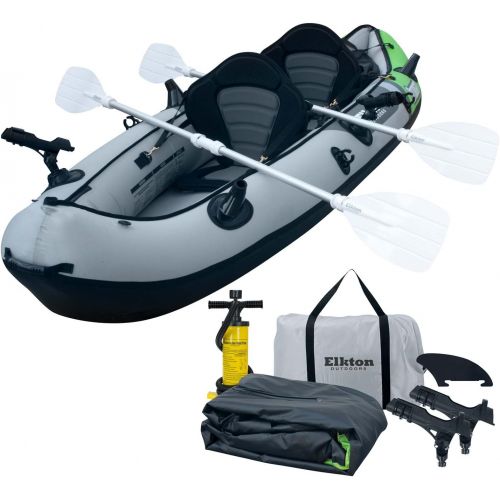  Elkton Outdoors Cormorant 2 Person Tandem Inflatable Fishing Kayak, 10-Foot with EVA Padded Seats, Includes 2 Active Fishing Rod Holder Mounts, 2 Aluminum Paddles, Double Action Pu