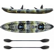 Elkton Outdoors Hard Shell Fishing Tandem Kayak, 2 or 3 Person Sit On Top Kayak Package with 2 EVA Padded Seats, Includes 2 Aluminum Paddles and Fishing Rod Holders (Orange)