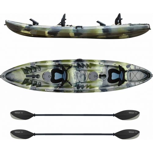  Elkton Outdoors Hard Shell Fishing Tandem Kayak, 2 or 3 Person Sit On Top Kayak Package with 2 EVA Padded Seats, Includes 2 Aluminum Paddles and Fishing Rod Holders (Orange)