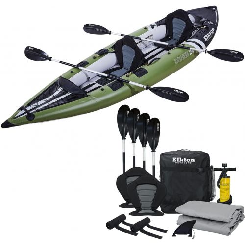  Elkton Outdoors Steelhead Inflatable Fishing Kayak - Angler Blow Up Kayak, Includes Paddle, Seat, Hard Mounting Points, Bungee Storage, Rigid Dropstitch Floor and Spray Guard