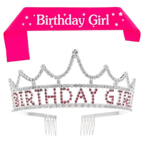  Ella Celebration Birthday Girl Tiara and Sash Girls Party Accessories Set Pink and Silver Bundle (Tiara and Sash)