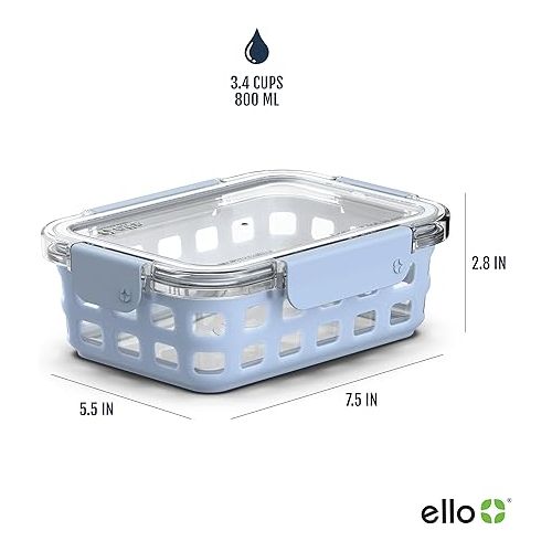  Ello Duraglass 3.4 Cup Meal Prep Sets 10Pc, 5 Pack Set- Glass Food Storage Container with Silicone Sleeve and Airtight BPA-Free Plastic Lids, Dishwasher, Microwave, and Freezer Safe, Halogen Blue