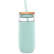 Ello Devon Glass Tumbler with Splash Proof Wooden Lid and Straw, Protective No Sweat Silicone Sleeve, Perfect for Smoothies and Iced Coffee, BPA Free, Dishwasher Safe, 18oz, Yucca