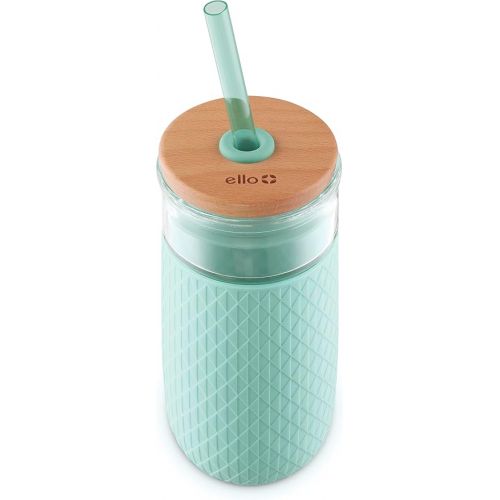  Ello Devon Glass Tumbler with Splash Proof Wooden Lid and Straw, Protective No Sweat Silicone Sleeve, Perfect for Smoothies and Iced Coffee, BPA Free, Dishwasher Safe, 18oz, Yucca