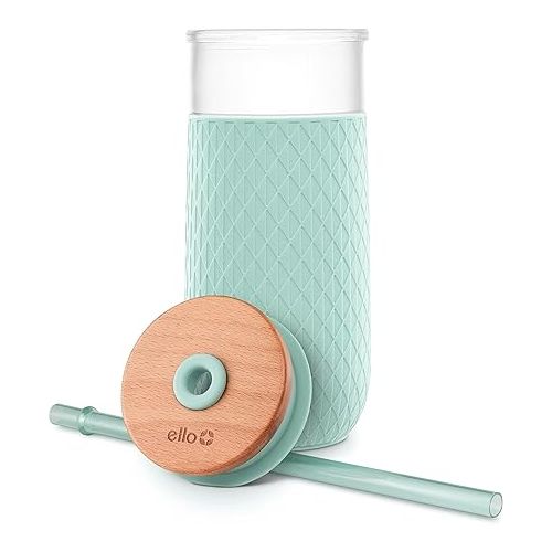  Ello Devon Glass Tumbler with Splash Proof Wooden Lid and Straw, Protective No Sweat Silicone Sleeve, Perfect for Smoothies and Iced Coffee, BPA Free, Dishwasher Safe, 18oz, Yucca