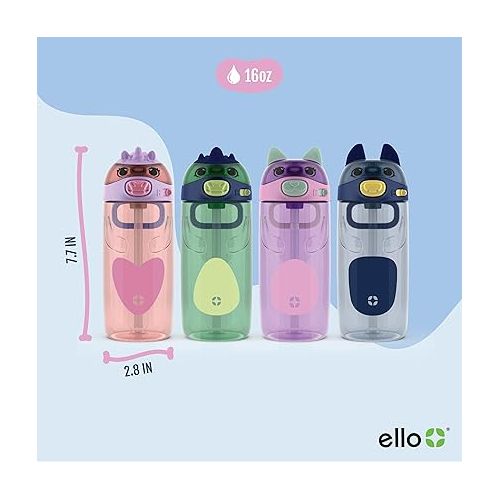  Ello Ellies 16oz Plastic Kids Water Bottle with Straw and Built-in Carrying Handle and Leak-Proof Locking Lid for School backpack, Lunchbox and Outdoor Sports, Cat