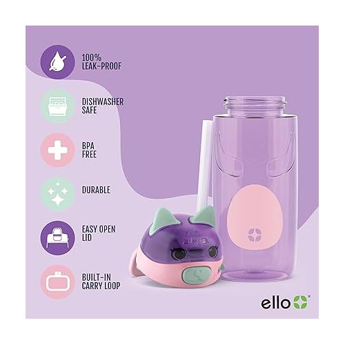  Ello Ellies 16oz Plastic Kids Water Bottle with Straw and Built-in Carrying Handle and Leak-Proof Locking Lid for School backpack, Lunchbox and Outdoor Sports, Cat