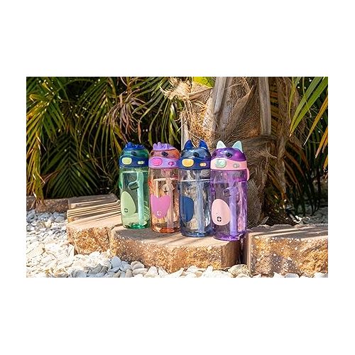  Ello Ellies 16oz Plastic Kids Water Bottle with Straw and Built-in Carrying Handle and Leak-Proof Locking Lid for School backpack, Lunchbox and Outdoor Sports, Cat