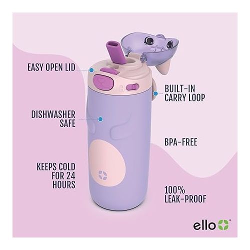  Ello Ellies 12oz Vacuum Insulated Stainless Steel Kids Water Bottle with Straw and Built-in Carrying Handle and Leak-Proof Locking Lid for School Backpack, Lunchbox and Outdoor Sports, Cat