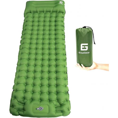  ElloGear Camping Self-Inflating Air Sleeping Pad Mat Foot Pump with Pillow, Great Compact Air Sleeping Pad for Tent Travel, Backpacking, Hiking, Sleeping Over (Green)