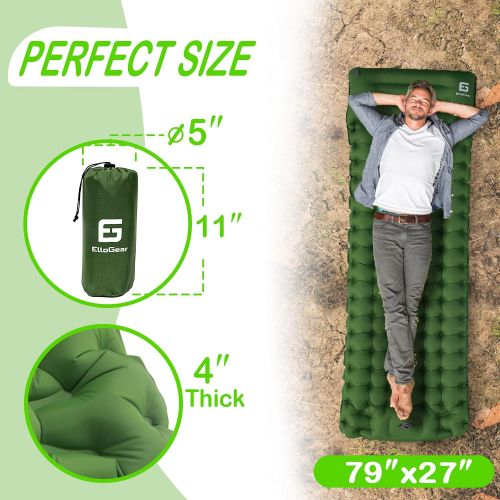  ElloGear Camping Self-Inflating Air Sleeping Pad Mat Foot Pump with Pillow, Great Compact Air Sleeping Pad for Tent Travel, Backpacking, Hiking, Sleeping Over (Green)