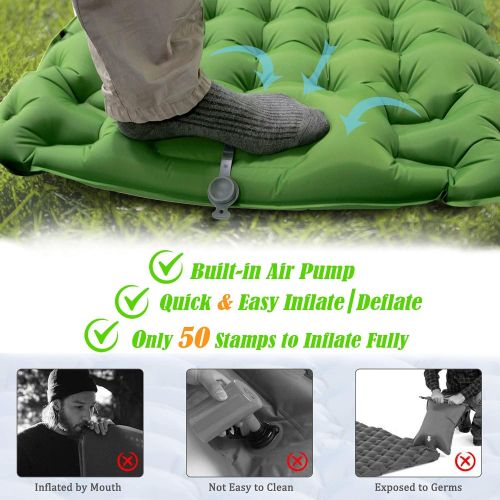  ElloGear Camping Self-Inflating Air Sleeping Pad Mat Foot Pump with Pillow, Great Compact Air Sleeping Pad for Tent Travel, Backpacking, Hiking, Sleeping Over (Green)