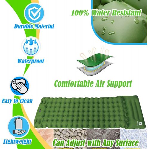  ElloGear Camping Self-Inflating Air Sleeping Pad Mat Foot Pump with Pillow, Great Compact Air Sleeping Pad for Tent Travel, Backpacking, Hiking, Sleeping Over (Green)