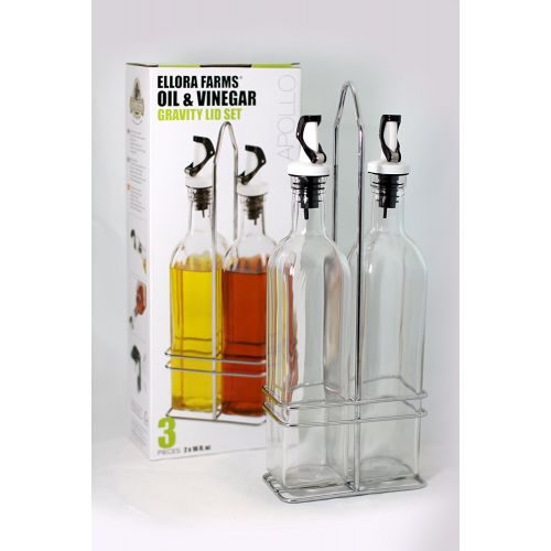  Ellora Farms | Apollo Glass Cruet Set | FREE Steel Caddy | Magnetized self closing Spout, Gravity dispenser | Suitable for Oils, Vinegar, Salad Dressing, Wines, Syrup | Large 17 Oz