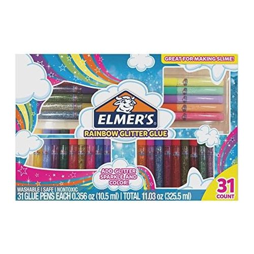  [아마존베스트]Elmer’s Rainbow Glitter Glue Pen Set, Assorted Colors, 0.356 Ounces Each, 31 Count - Great For Making Slime