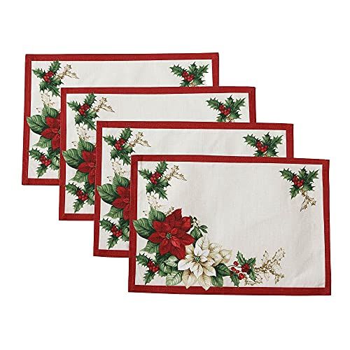  [아마존베스트]Elrene Home Fashions Red and White Poinsettia Christmas Holiday Fabric Placemat Set of 4, 13 x 19, Multi