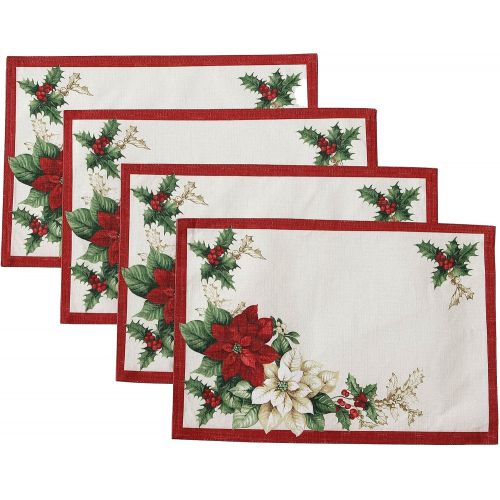  [아마존베스트]Elrene Home Fashions Red and White Poinsettia Christmas Holiday Fabric Placemat Set of 4, 13 x 19, Multi