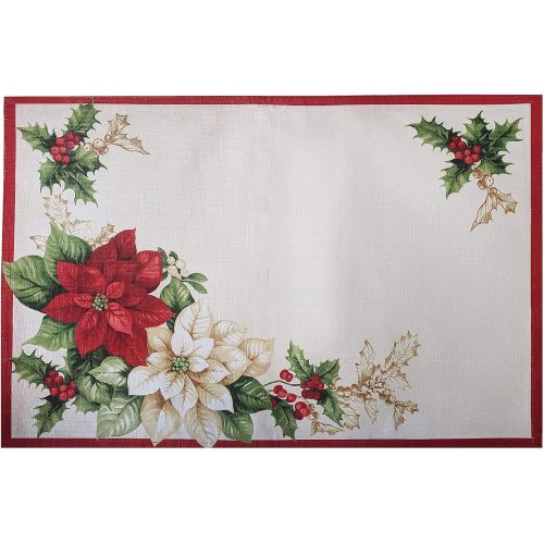  [아마존베스트]Elrene Home Fashions Red and White Poinsettia Christmas Holiday Fabric Placemat Set of 4, 13 x 19, Multi