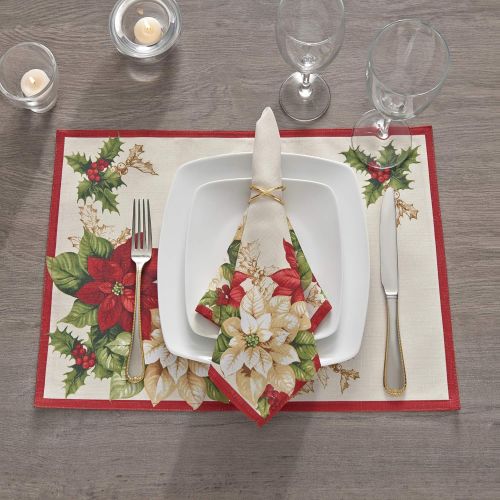  [아마존베스트]Elrene Home Fashions Red and White Poinsettia Christmas Holiday Fabric Placemat Set of 4, 13 x 19, Multi