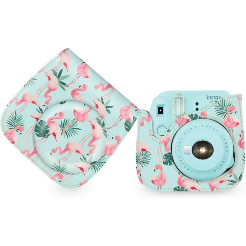  Elvam Camera Case Bag Purse Compatible with Fujifilm Mini 11 Mini 9 Mini 8/8+ Instant Camera with Detachable Adjustable Strap - Blue Flamingo