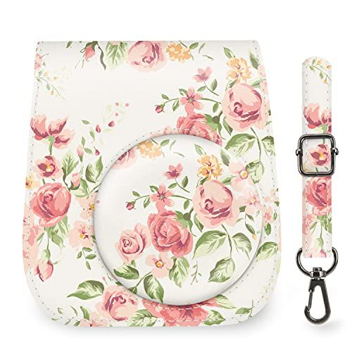  Elvam Camera Case Bag Purse Compatible with Fujifilm Mini 11/ Mini 9 / Mini 8/8+ Instant Camera with Detachable Adjustable Strap - White Flower