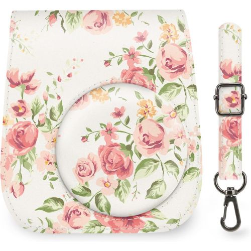  Elvam Camera Case Bag Purse Compatible with Fujifilm Mini 11/ Mini 9 / Mini 8/8+ Instant Camera with Detachable Adjustable Strap - White Flower