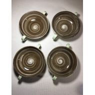 /ElwoodDJ Santa Anita Ware Vreni Stylized Spirals Brown with Green Accent Set of Four Flat Soup Bowls USA