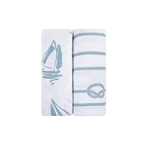  Pack N Play Portable Crib Sheet Set 100% Jersey Cotton 2 Pack - Dusty Blue Nautical Print