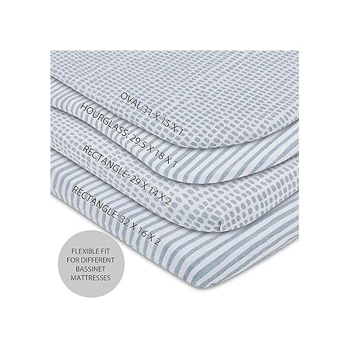  Ely’s & Co. Patent Pending Waterproof Bassinet Sheet 2-Pack Set for Baby Boy - 100% Cotton, Jersey Knit Cotton Sheets with Waterproof Lining ? Misty Blue, Stripes and Splashes
