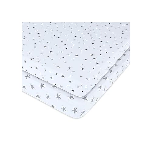  Ely's & Co. Patent Pending Waterproof Pack n Play│Mini Crib Sheet 2-Pack Set for Baby Boy or Baby Girl - 100% Combed Jersey Knit Cotton Sheets with Eco-Friendly Waterproof Lining ? Grey Stars