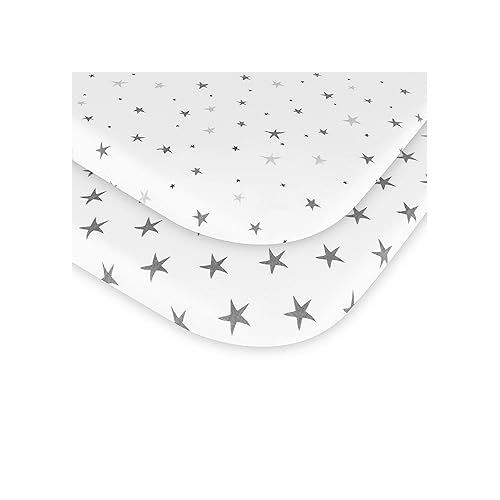  Ely’s & Co. Patent Pending Waterproof Bassinet 2-Pack Set for Baby Boy - 100% Cotton, Jersey Knit Cotton Sheets with Waterproof Lining ? Grey Stars