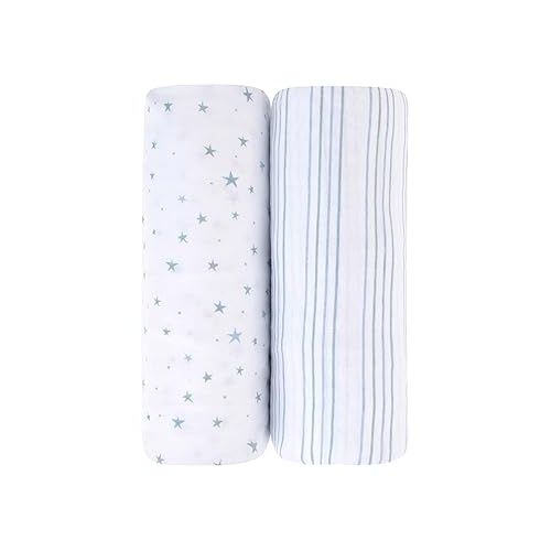  Bassinet Sheet Set 2 Pack - Baby Bassinet Sheets with 100% Jersey Cotton - Bassinet Sheets for Baby Boy(Blue Stars & Stripes)