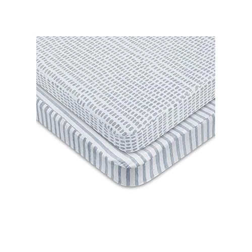  Ely’s & Co. Patent Pending Waterproof Pack N Play, Mini Crib Sheet 2-Pack Set for Baby Boy - 100% Cotton, Jersey Knit Cotton Sheets with Waterproof Lining ? Misty Blue, Stripes and Splashes