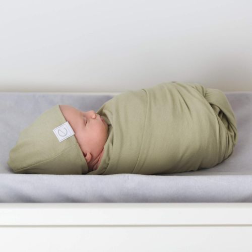  Elys & Co Cotton Knit Jersey Swaddle Blanket and 2 Beanie Gift Set, Large Receiving Blanket - Olive