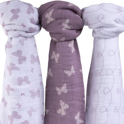  Ely Muslin Swaddle Blanket 100% Soft Muslin Cotton 3 Pack 47x 47 (Lavender Butterfly)