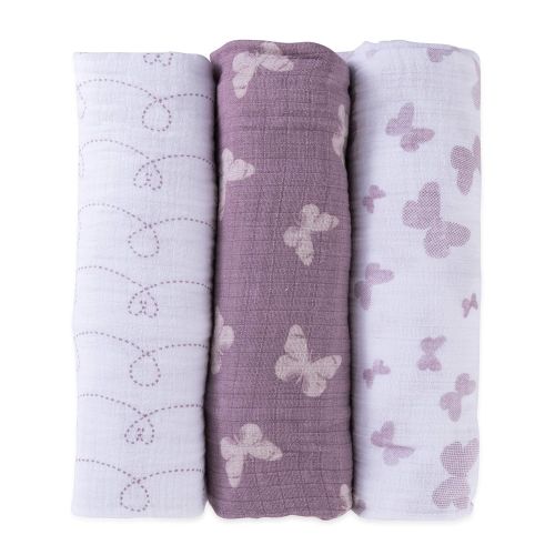  Ely Muslin Swaddle Blanket 100% Soft Muslin Cotton 3 Pack 47x 47 (Lavender Butterfly)