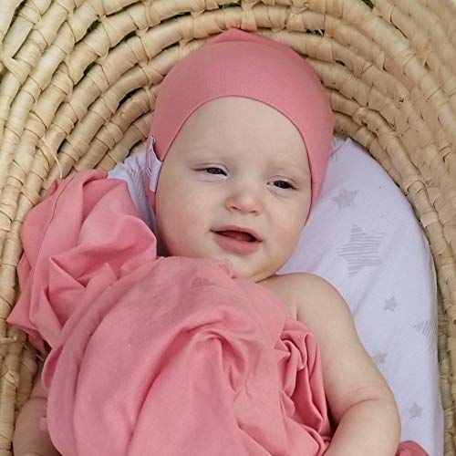  Cotton Knit Jersey Swaddle Blanket and 2 Beanie Baby Hats Gift Set, Large Receiving Blanket by Elys & Co (Rose Fuchsia)