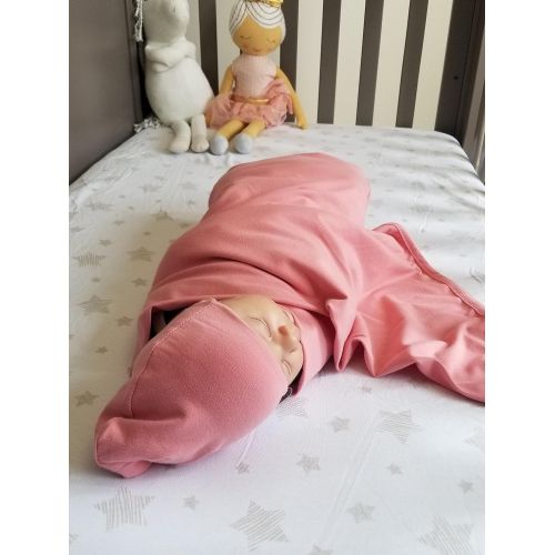  Cotton Knit Jersey Swaddle Blanket and 2 Beanie Baby Hats Gift Set, Large Receiving Blanket by Elys & Co (Rose Fuchsia)