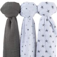 Ely Muslin Swaddle Blanket 100% Soft Muslin Cotton 3 Pack 47x 47 (Grey Stars)