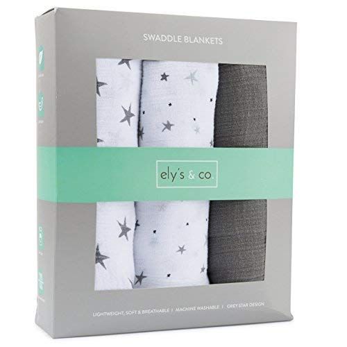  Ely Muslin Swaddle Blanket 100% Soft Muslin Cotton 3 Pack 47x 47 (Grey Stars)