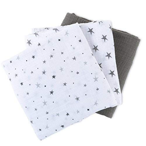  Ely Muslin Swaddle Blanket 100% Soft Muslin Cotton 3 Pack 47x 47 (Grey Stars)