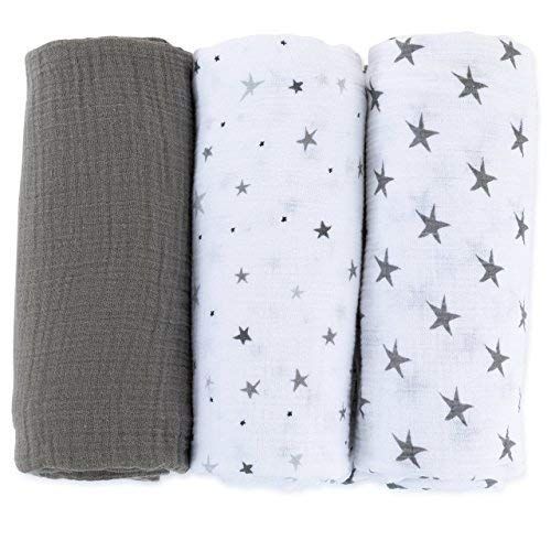  Ely Muslin Swaddle Blanket 100% Soft Muslin Cotton 3 Pack 47x 47 (Grey Stars)