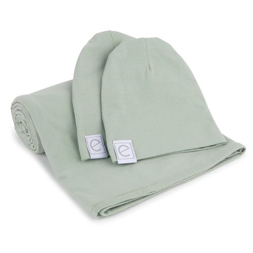  Cotton Knit Jersey Swaddle Blanket and 2 Beanie Baby Hats Gift Set, Large Receiving Blanket by Elys & Co (Sage)