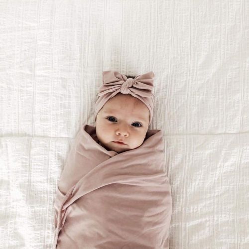  Ely Cotton Knit Jersey Swaddle Blanket and 2 Beanie Gift Set, Large Receiving Blanket - Mauve Lavender