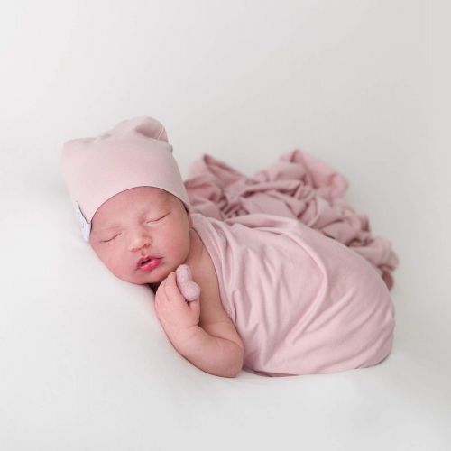  Cotton Knit Jersey Swaddle Blanket and 2 Beanie Baby Hats Gift Set, Large Receiving Blanket by Elys & Co (Blush Pink)