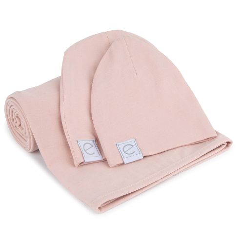  Cotton Knit Jersey Swaddle Blanket and 2 Beanie Baby Hats Gift Set, Large Receiving Blanket by Elys & Co (Blush Pink)