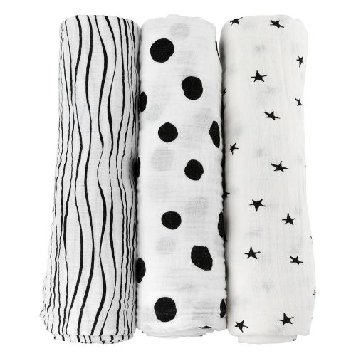  Ely Muslin Swaddle Blanket 100% Soft Muslin Cotton 3 Pack 47x 47 (Black & White)